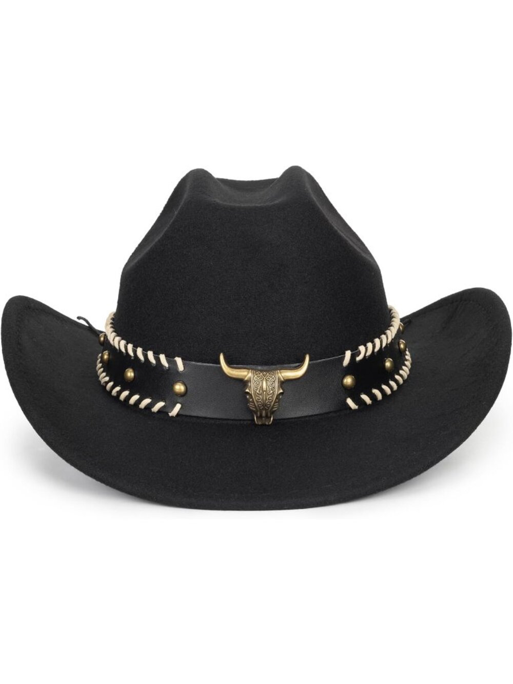 Unisex Black Bull Western Cowboy Hat Classic Roll Up Fedora Hat with Buckle Belt - Picture 2 of 5
